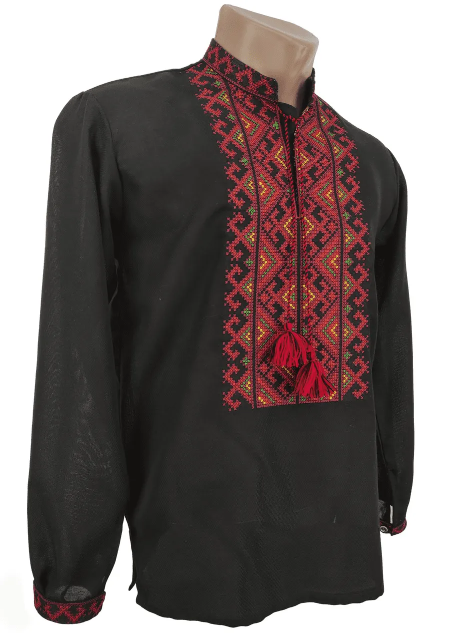 Men's embroidered jacket of black color with Harmony ornament with blue and red ornament