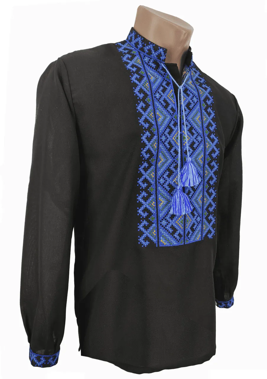 Men's embroidered jacket of black color with Harmony ornament with blue and red ornament