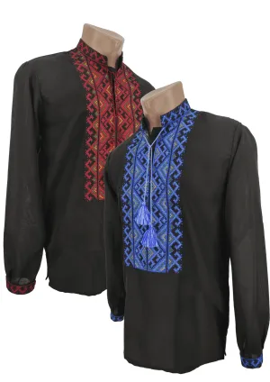 Men's embroidered jacket of black color with Harmony ornament with blue and red ornament