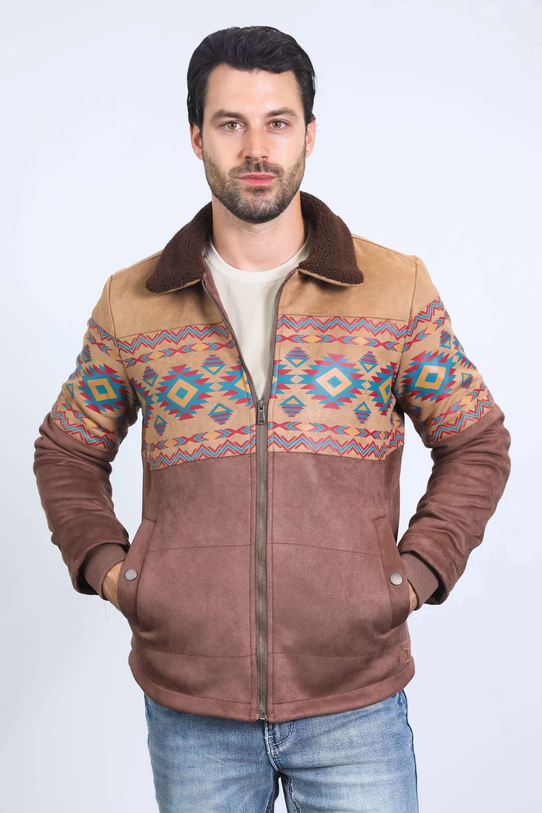 Mens Ethnic Aztec Fur Lined Quilted Suede Brown Jacket