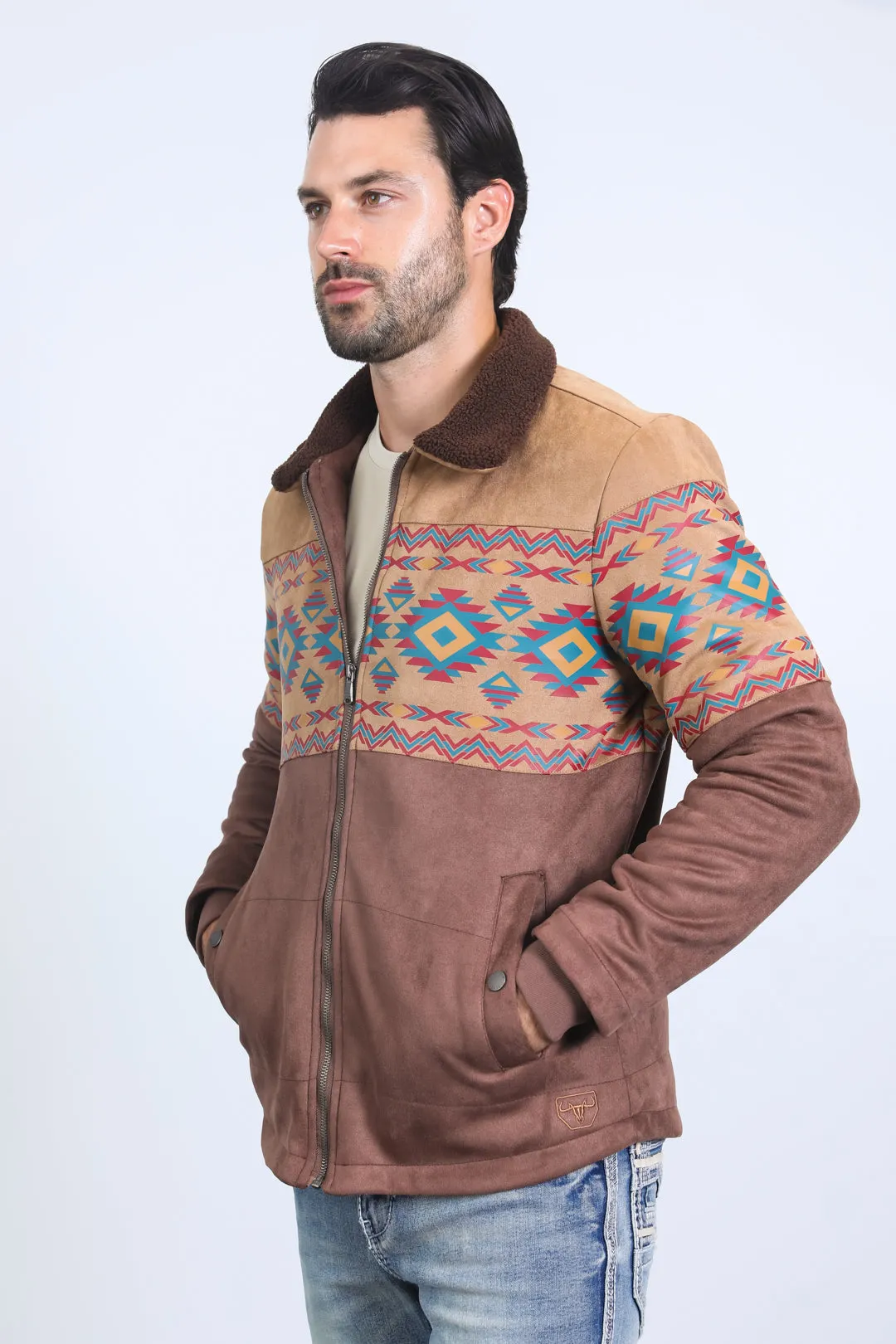 Mens Ethnic Aztec Fur Lined Quilted Suede Brown Jacket