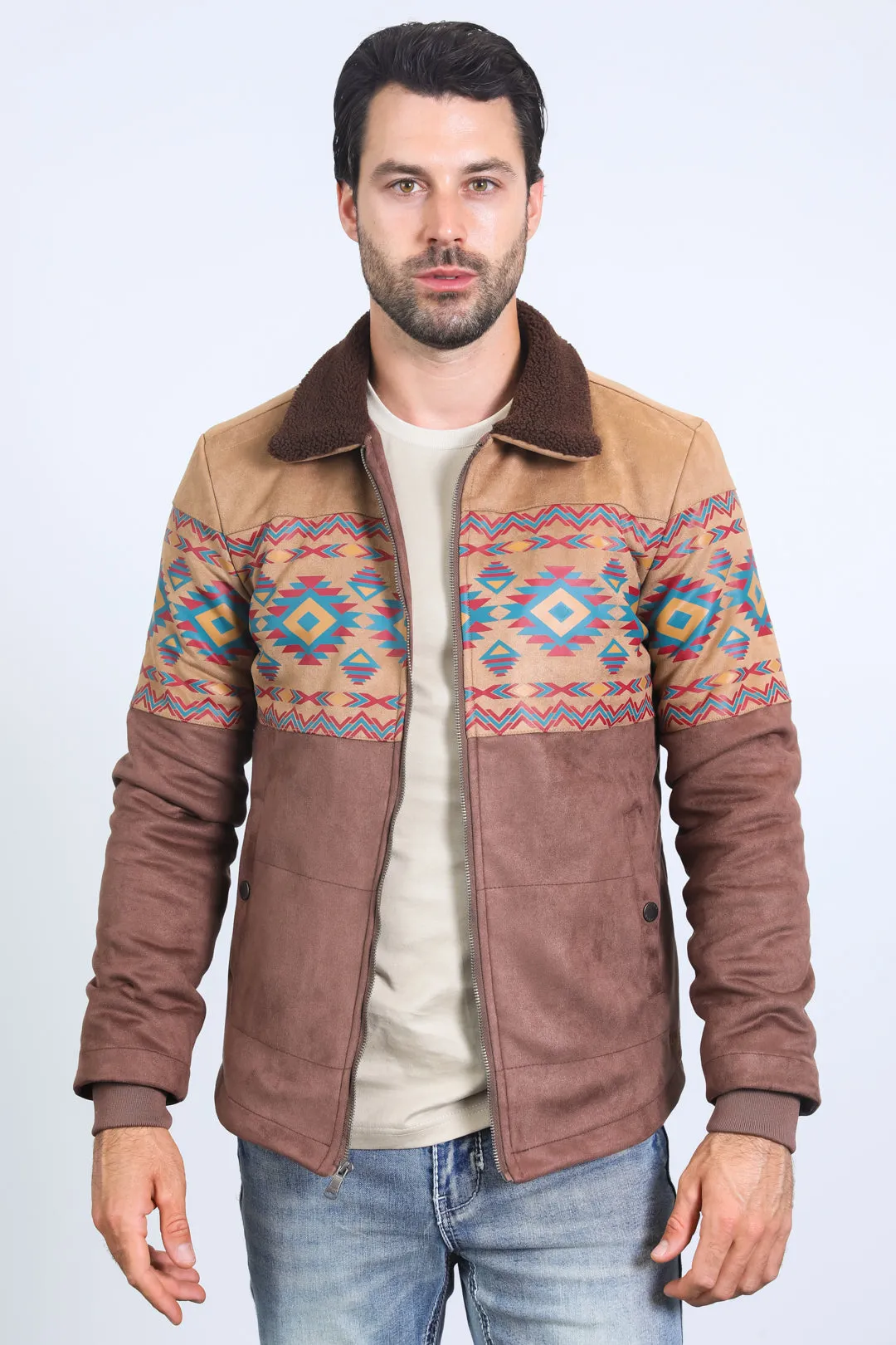 Mens Ethnic Aztec Fur Lined Quilted Suede Brown Jacket