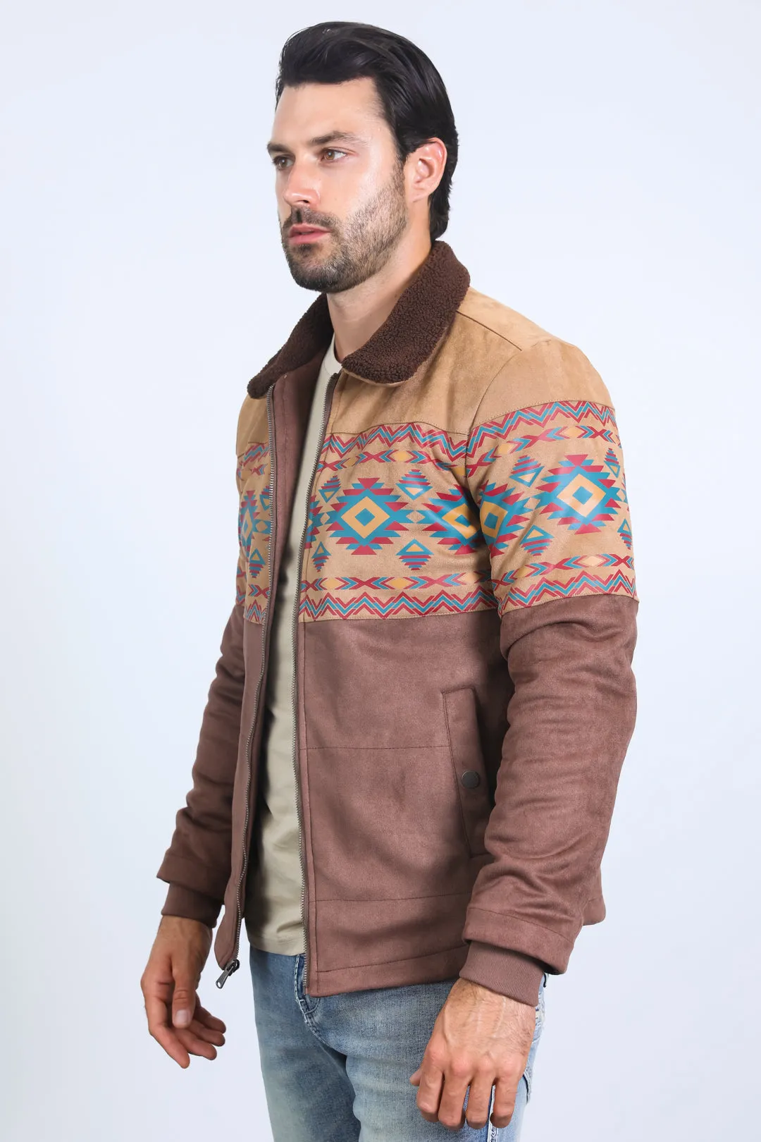 Mens Ethnic Aztec Fur Lined Quilted Suede Brown Jacket