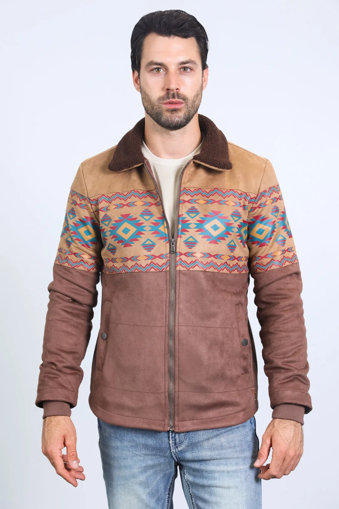 Mens Ethnic Aztec Fur Lined Quilted Suede Brown Jacket