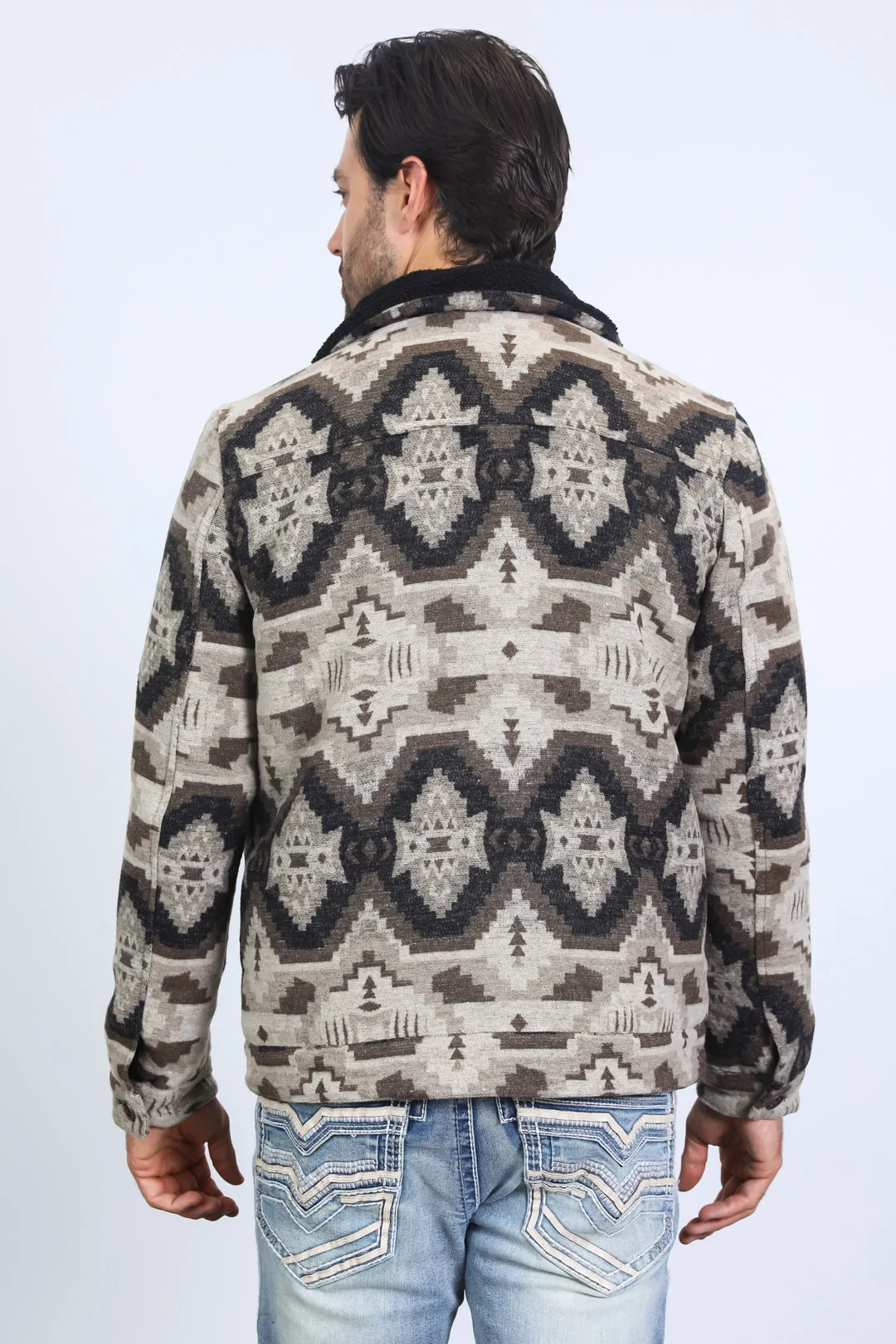 Mens Ethnic Aztec Quilted Fur Lined Beige Jacket