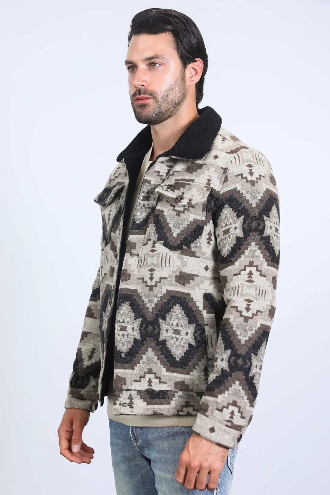 Mens Ethnic Aztec Quilted Fur Lined Beige Jacket