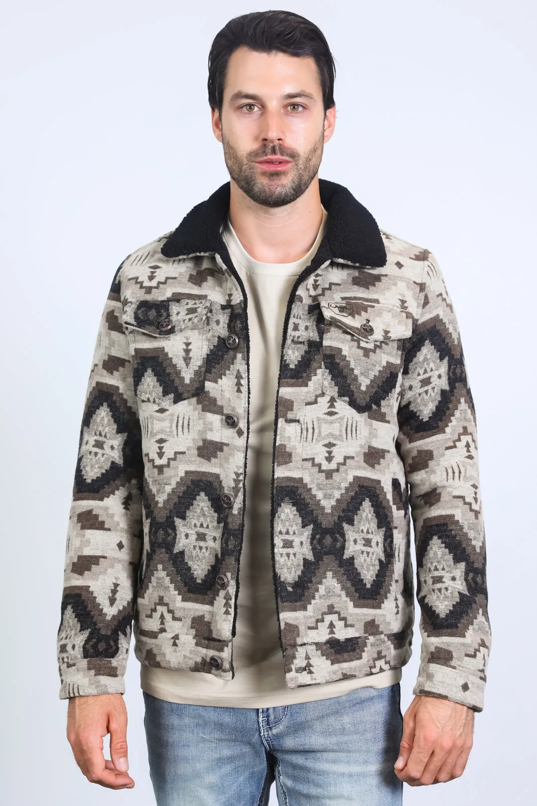 Mens Ethnic Aztec Quilted Fur Lined Beige Jacket