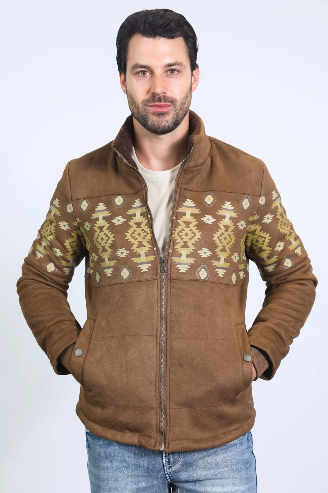 Men's Ethnic Aztec Quilted Fur Lined Brown Jacket