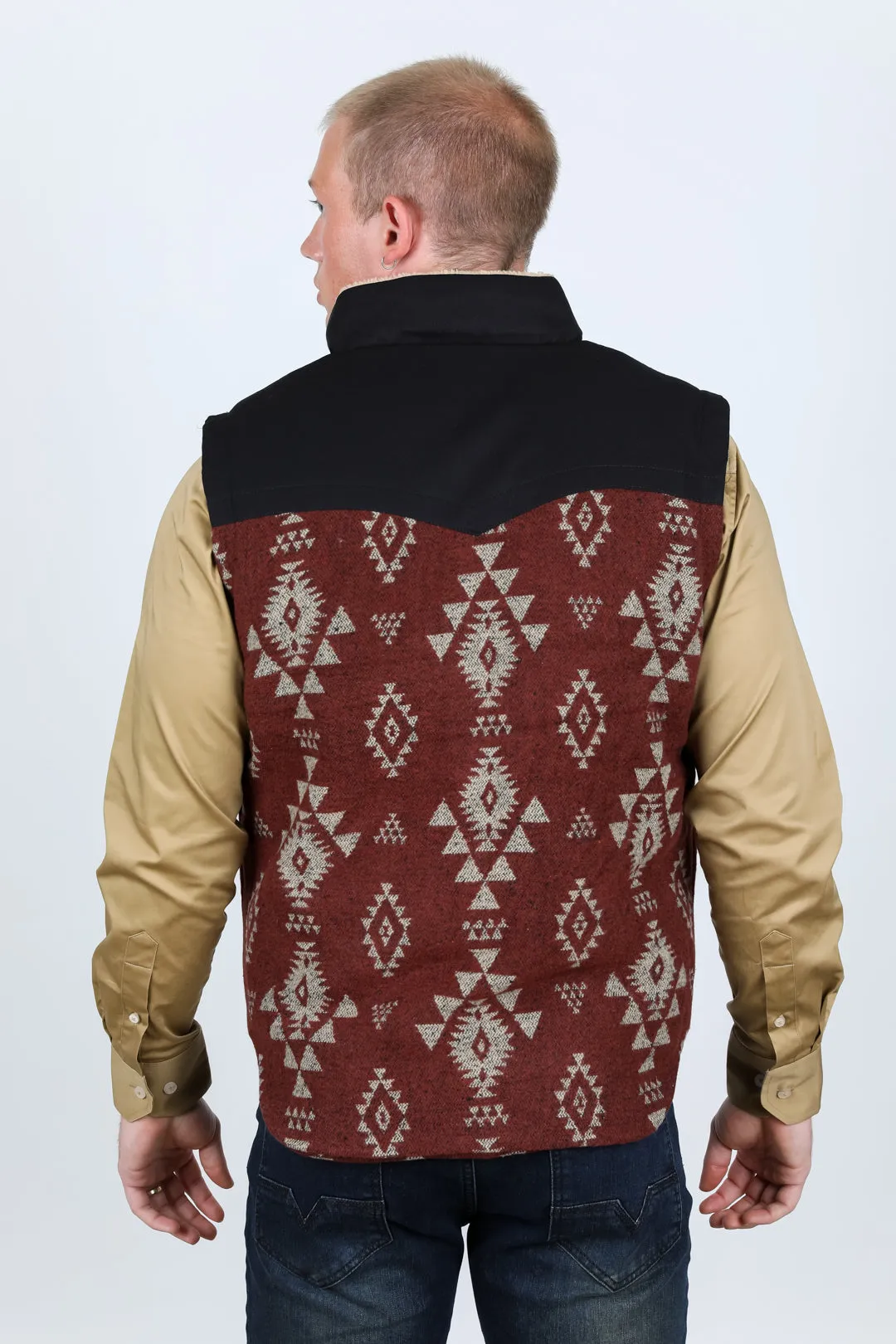 Mens Ethnic Aztec Quilted Fur Lined Vest - Rust