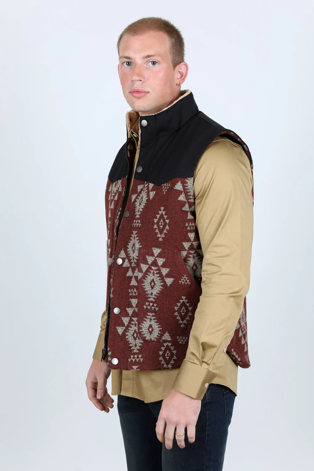 Mens Ethnic Aztec Quilted Fur Lined Vest - Rust