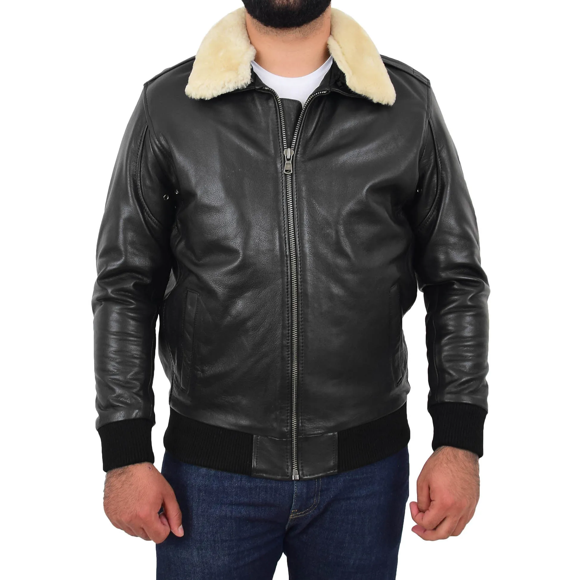 Mens Genuine Cowhide Pilot Leather Jacket Sheepskin Collar Bomber Dylan Black