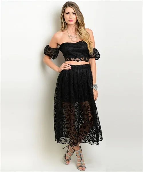 Misses Black Lace Crop Top and Skirt Set