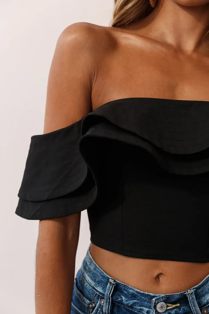 Missy Layered Ruffle Bardot Top Black