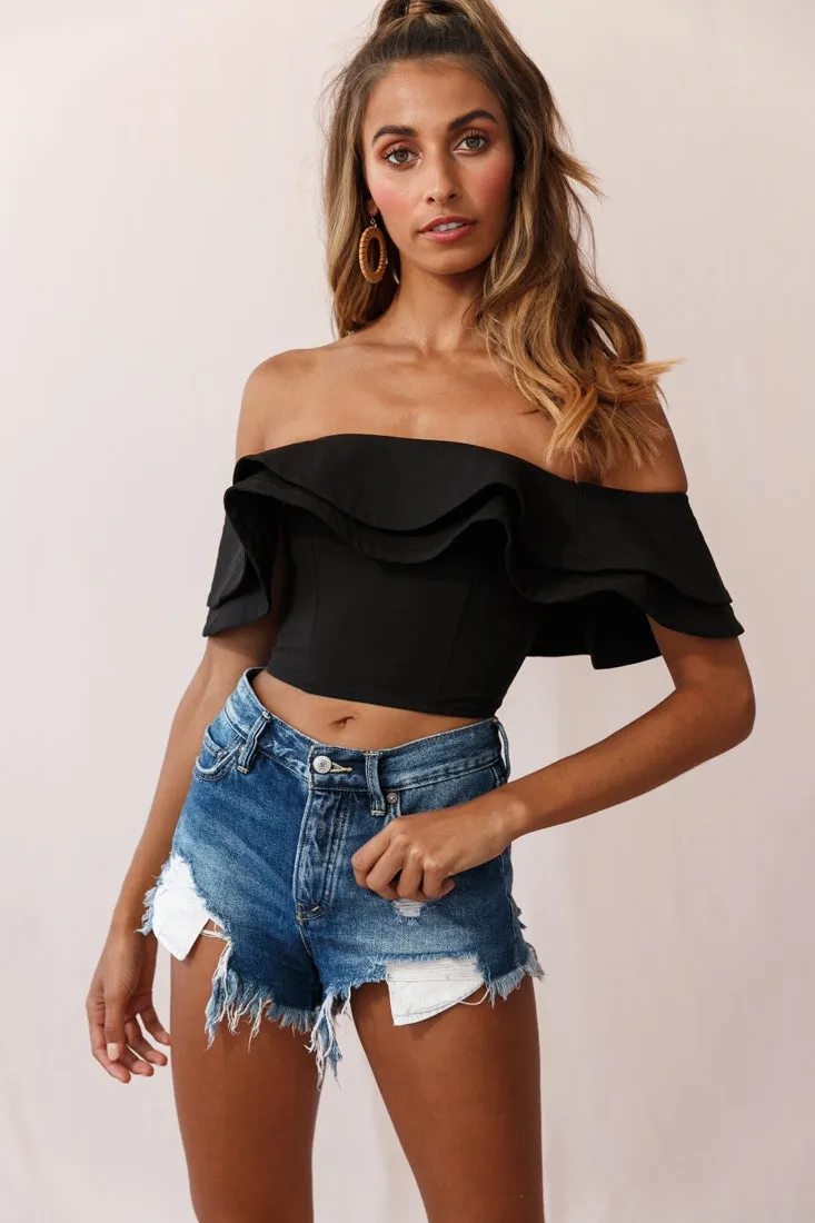 Missy Layered Ruffle Bardot Top Black