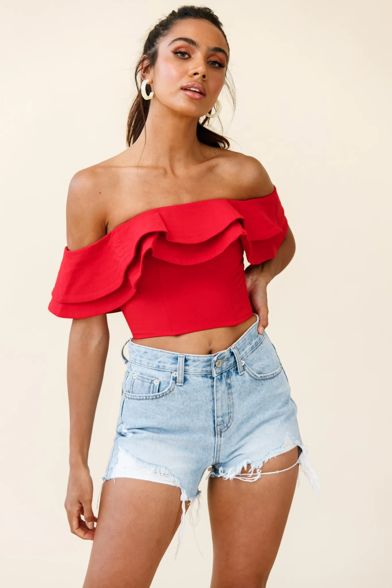 Missy Layered Ruffle Bardot Top Red