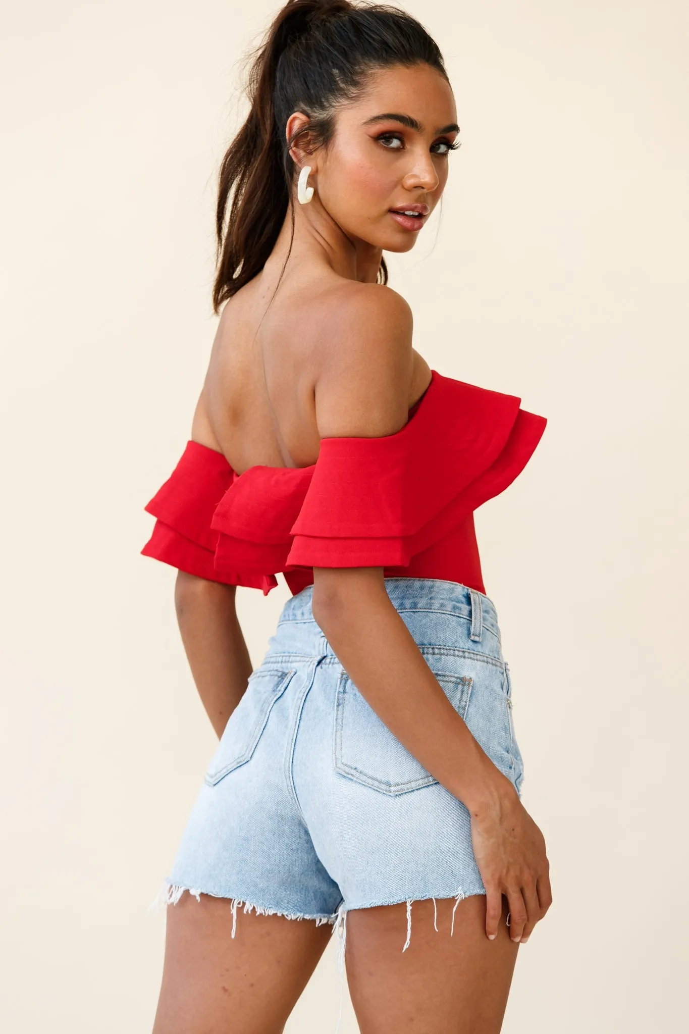 Missy Layered Ruffle Bardot Top Red