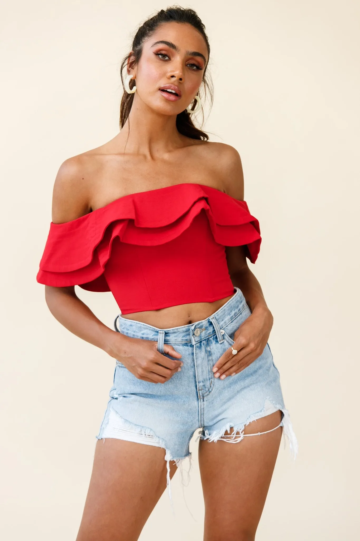 Missy Layered Ruffle Bardot Top Red