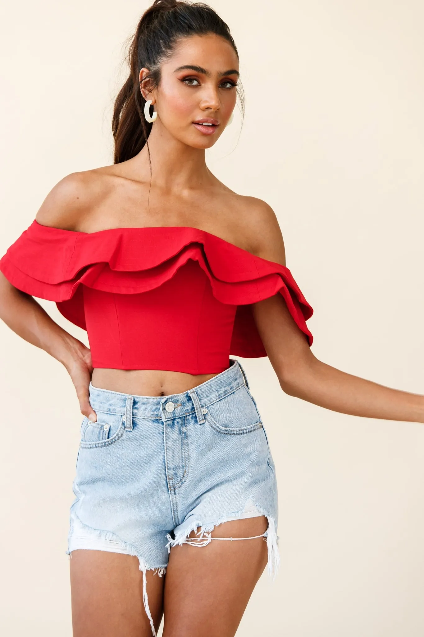 Missy Layered Ruffle Bardot Top Red