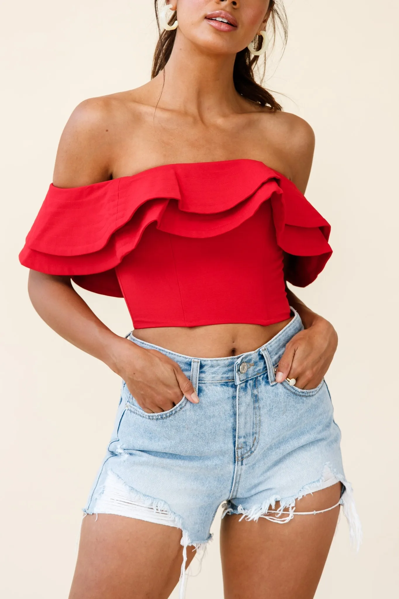 Missy Layered Ruffle Bardot Top Red