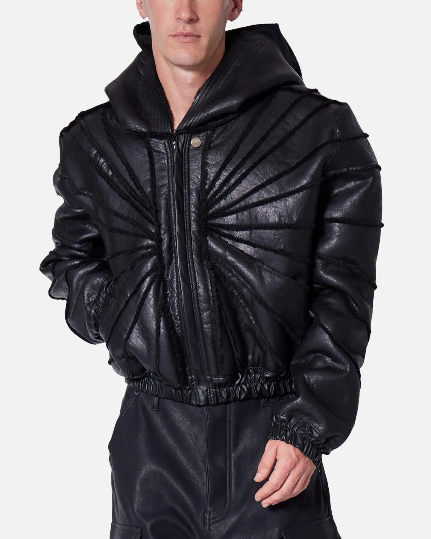 MNML Leather Web Cropped Zip Up Hoodie Black