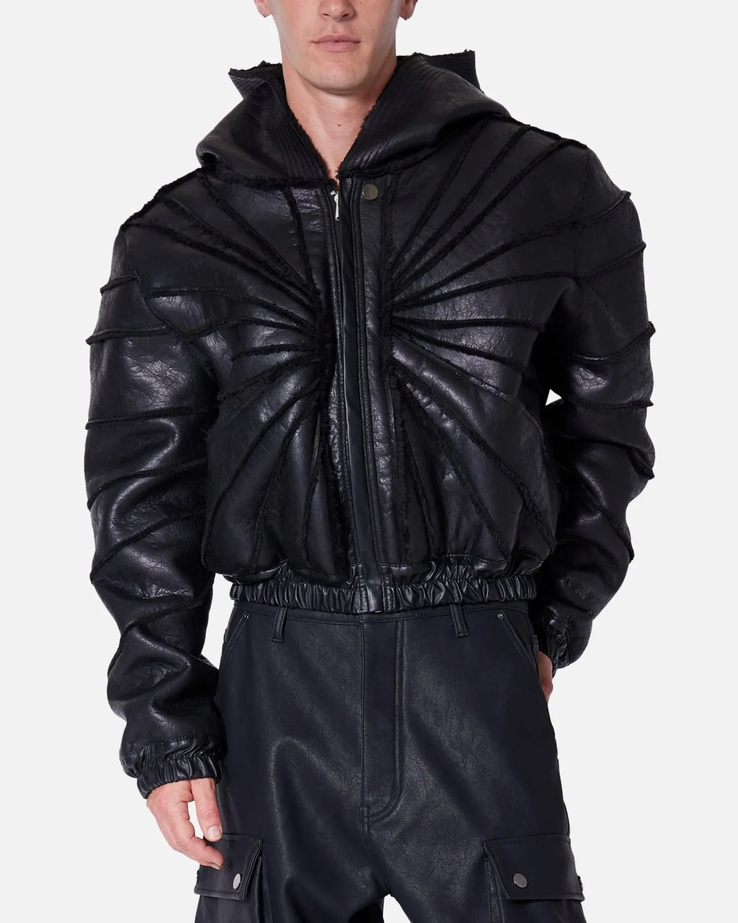 MNML Leather Web Cropped Zip Up Hoodie Black