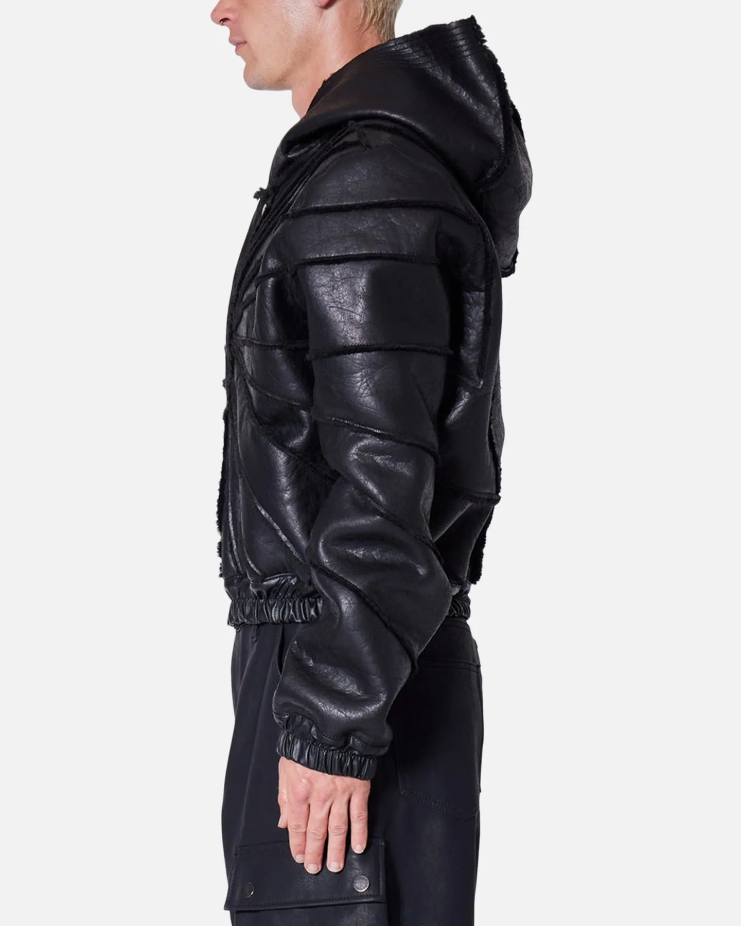 MNML Leather Web Cropped Zip Up Hoodie Black