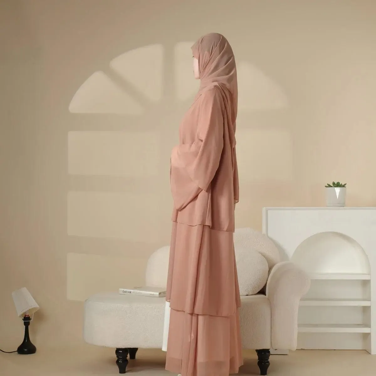 MOA007 Plain 3-Layered Chiffon Open Abaya 3-Piece Set