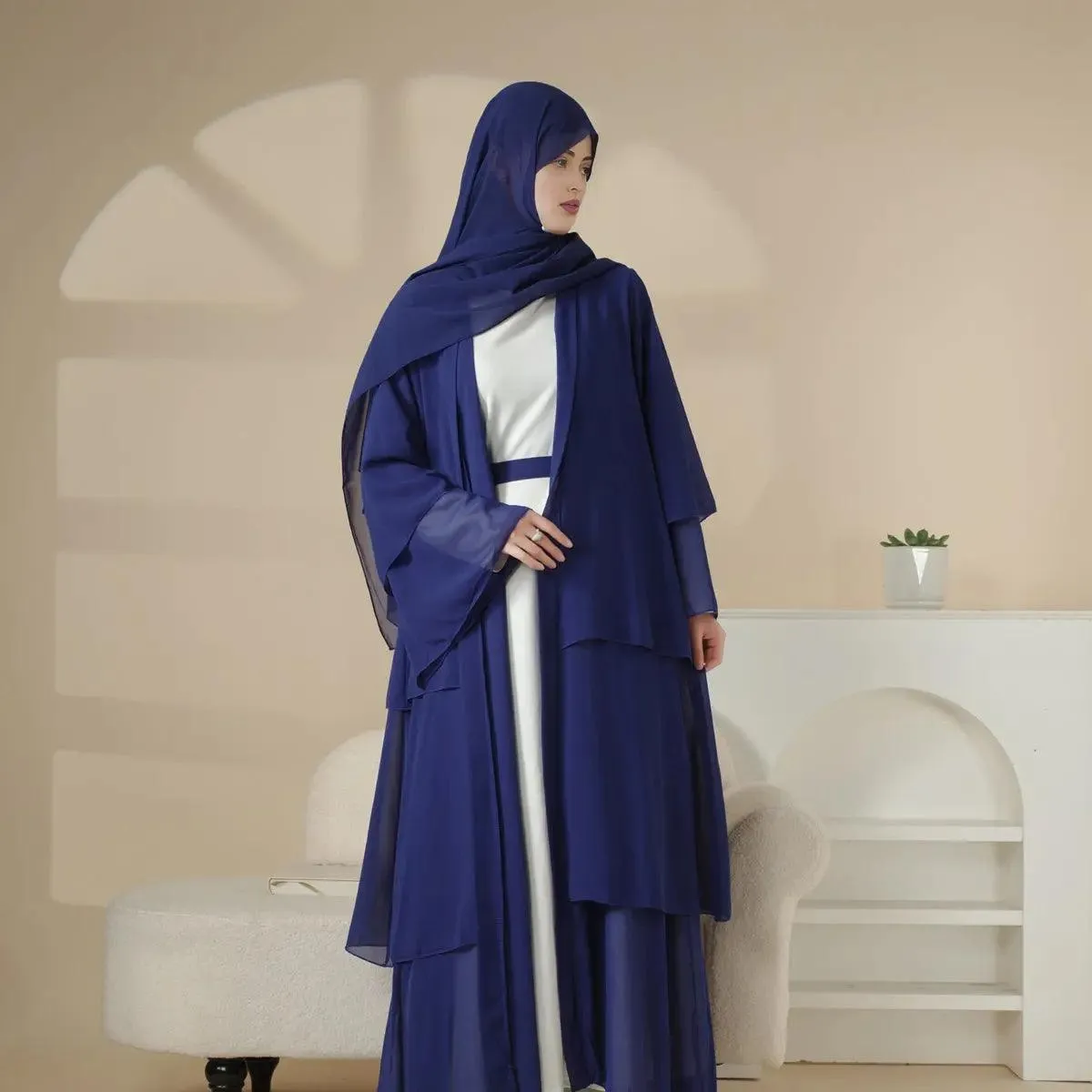 MOA007 Plain 3-Layered Chiffon Open Abaya 3-Piece Set