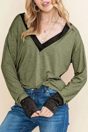 Moss Green Contrast V Neck Button Decor Long Sleeve Top