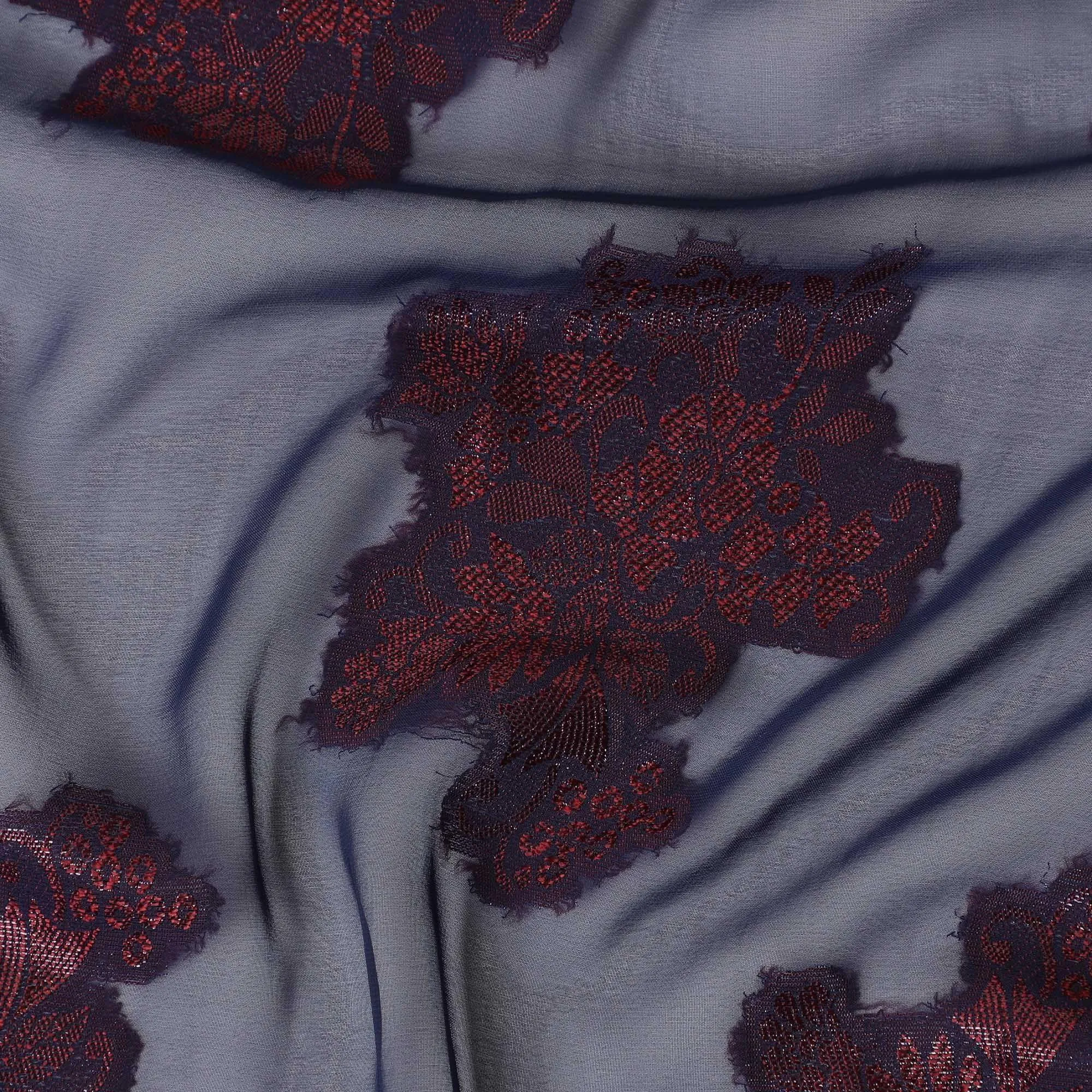 Navy blue synthetic chiffon fabric with crimson red viscose and same tone metallic lurex in floral design-D11896