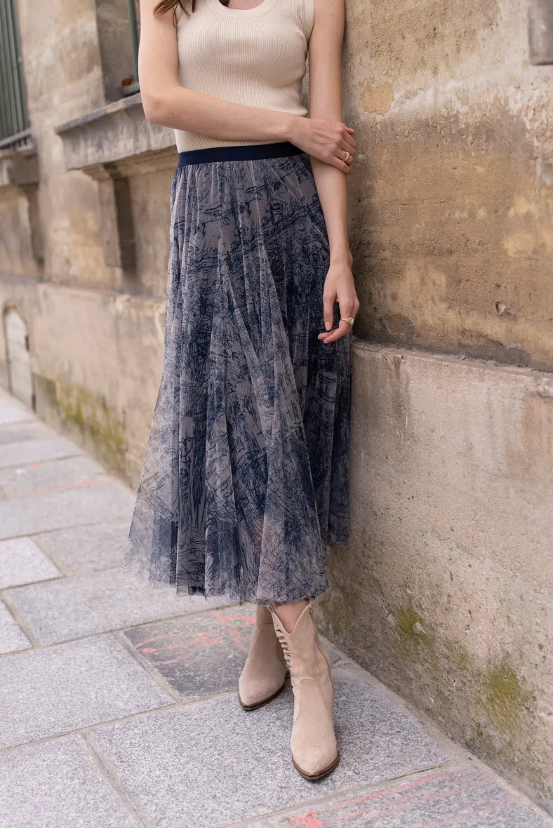 Navy Toile de Jouy Printed Tulle Skirt