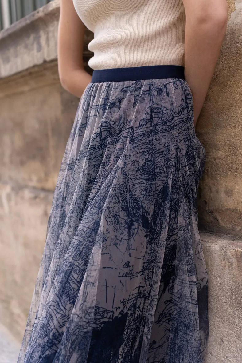 Navy Toile de Jouy Printed Tulle Skirt