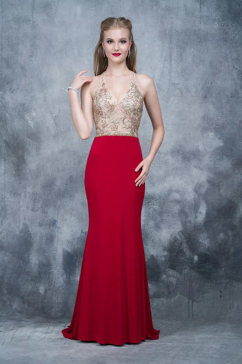 Nina Canacci 2130 Size 4 Red/Gold, Fitted Halter Lace Prom Dress Formal Gown