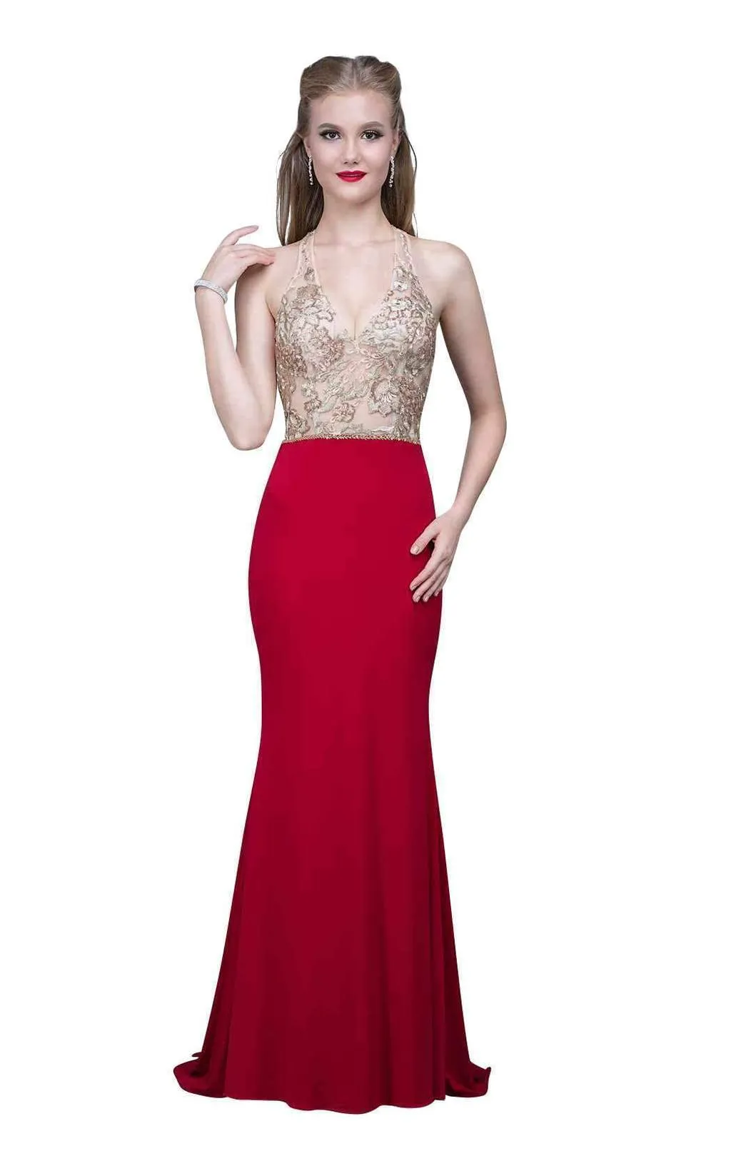 Nina Canacci 2130 Size 4 Red/Gold, Fitted Halter Lace Prom Dress Formal Gown