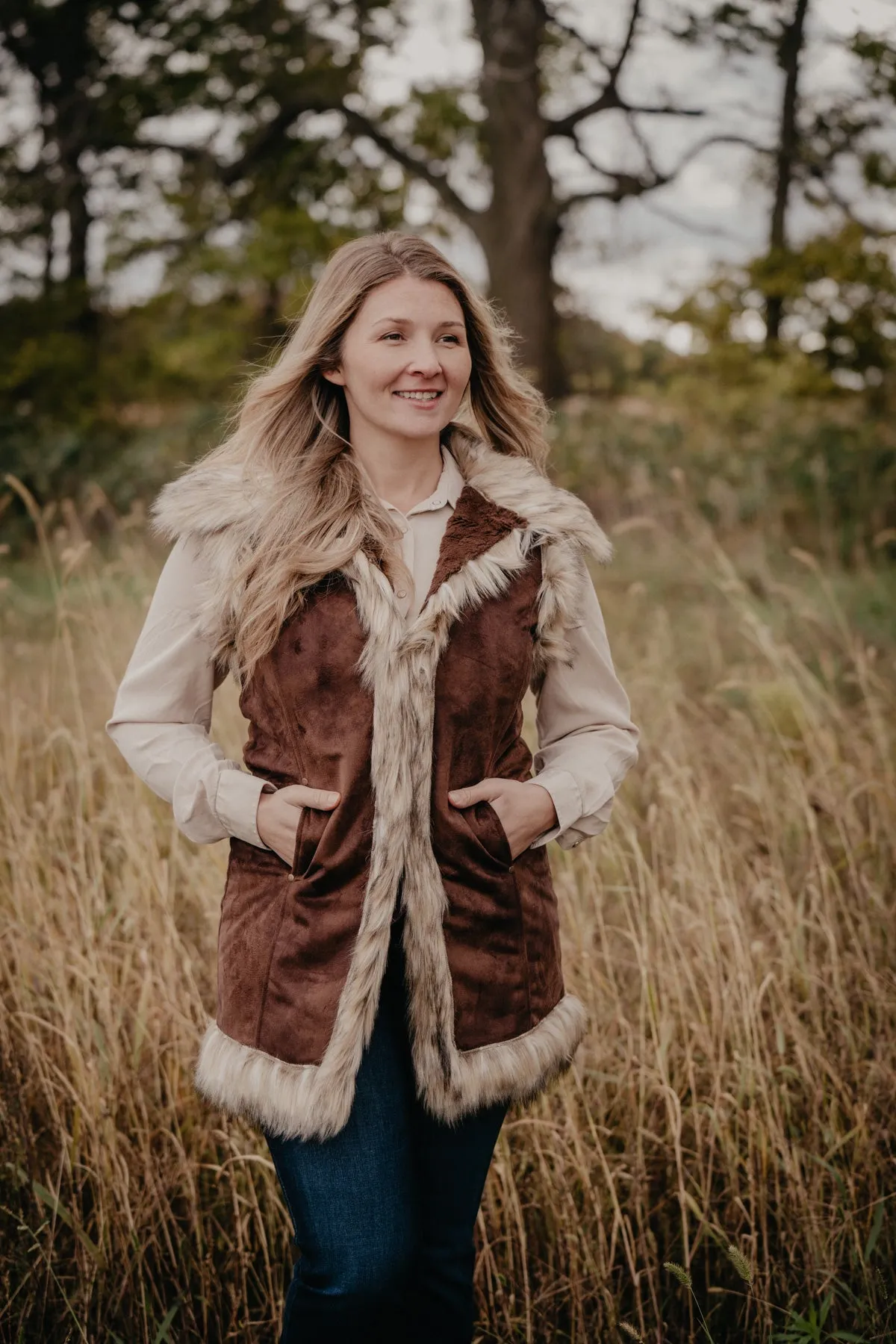 'Nora' Suede Vest with Faux Fur Trim by Tasha Polizzi (S - XL)