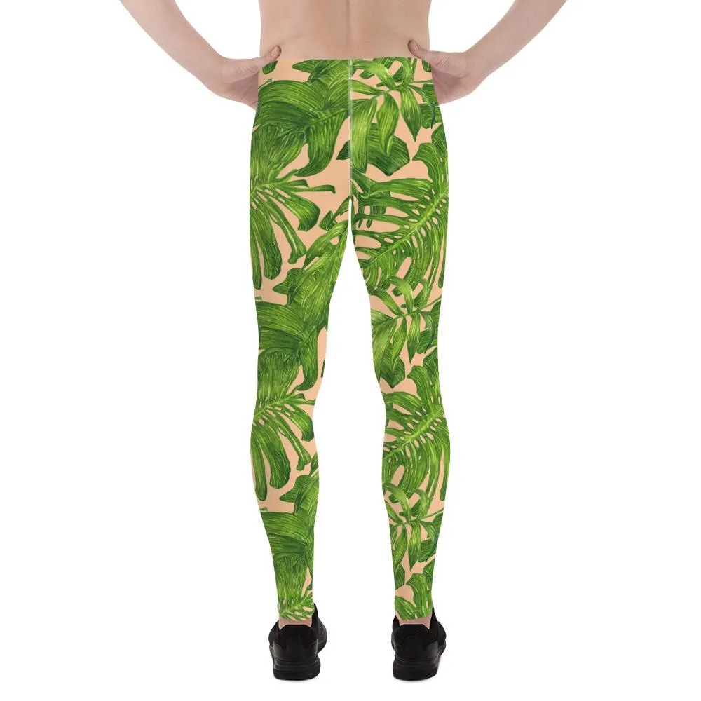 Nude Green Tropical Men's Leggings, Palm Hawaiian Leaf Print Meggings-Made in USA/EU