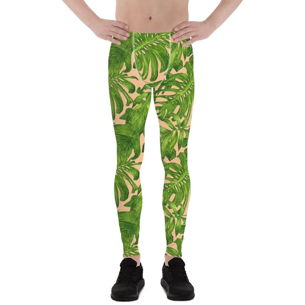 Nude Green Tropical Men's Leggings, Palm Hawaiian Leaf Print Meggings-Made in USA/EU