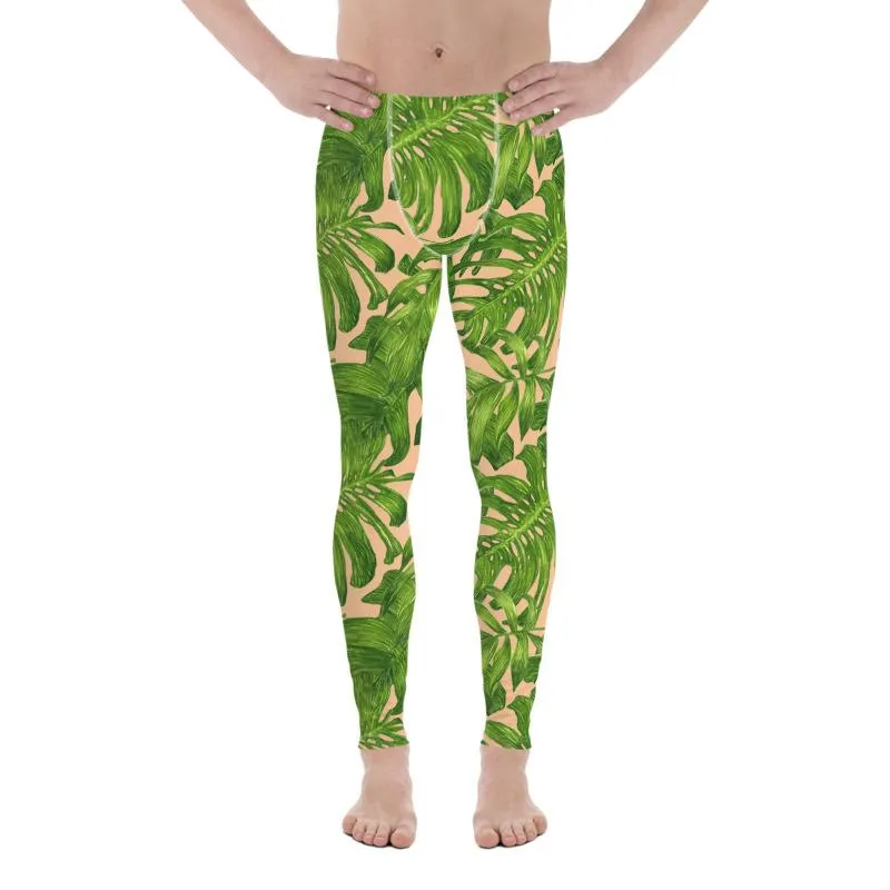 Nude Green Tropical Men's Leggings, Palm Hawaiian Leaf Print Meggings-Made in USA/EU