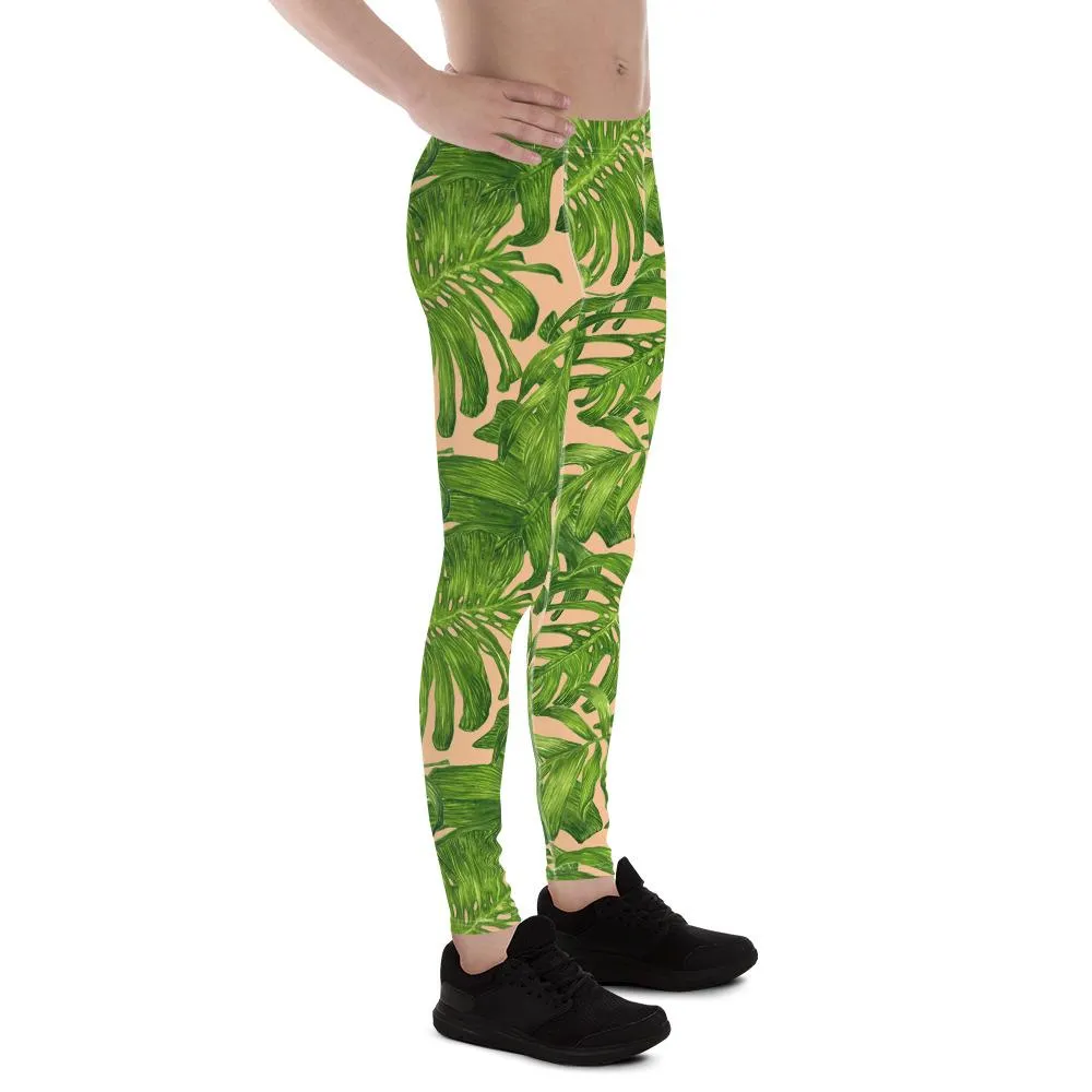 Nude Green Tropical Men's Leggings, Palm Hawaiian Leaf Print Meggings-Made in USA/EU