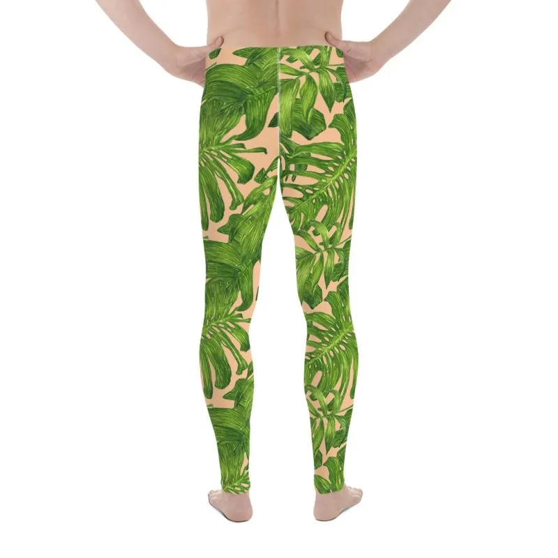 Nude Green Tropical Men's Leggings, Palm Hawaiian Leaf Print Meggings-Made in USA/EU