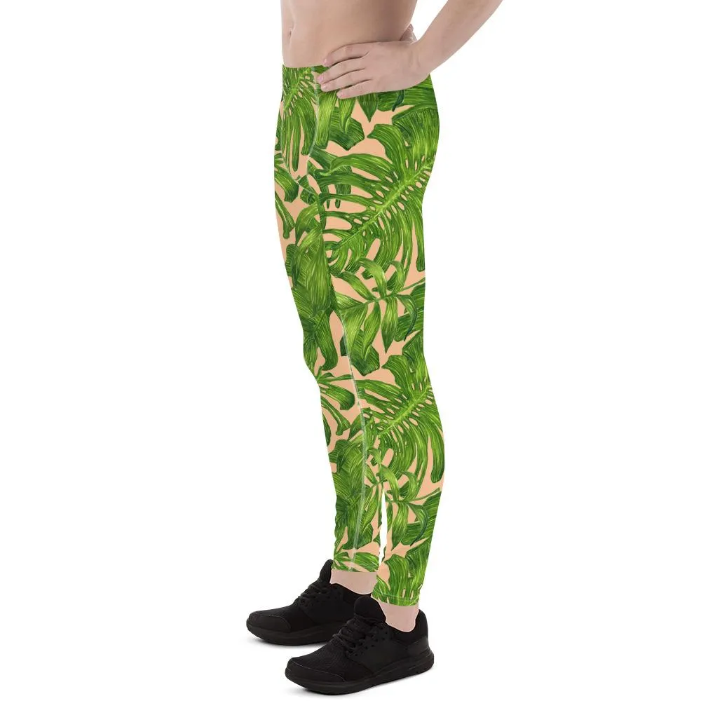 Nude Green Tropical Men's Leggings, Palm Hawaiian Leaf Print Meggings-Made in USA/EU