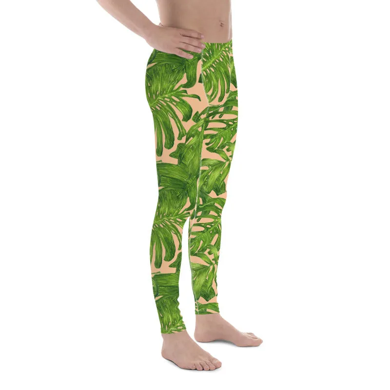 Nude Green Tropical Men's Leggings, Palm Hawaiian Leaf Print Meggings-Made in USA/EU