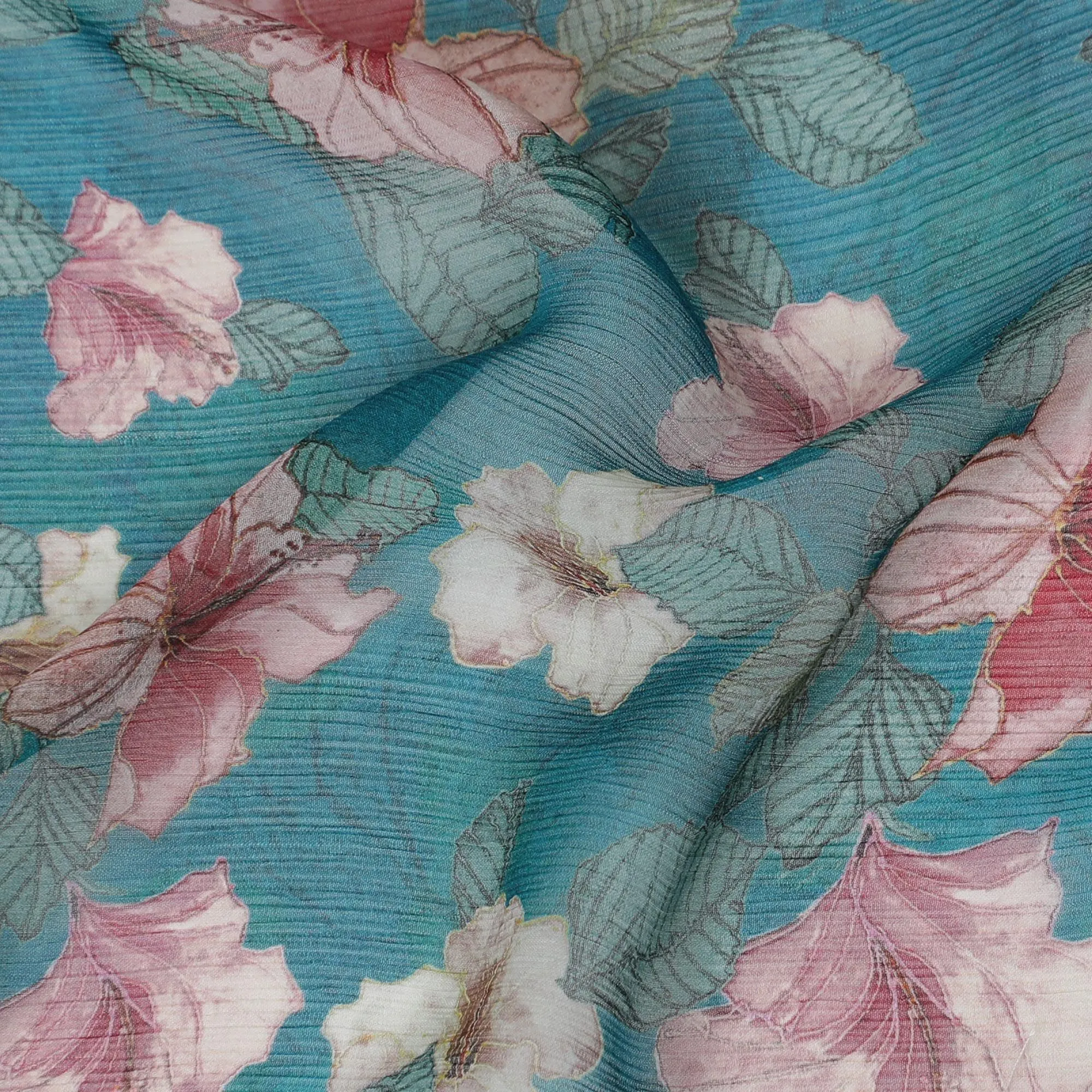 Ocean blue Premium pure wrinkle silk chiffon fabric with multicolor print in floral design-D17005