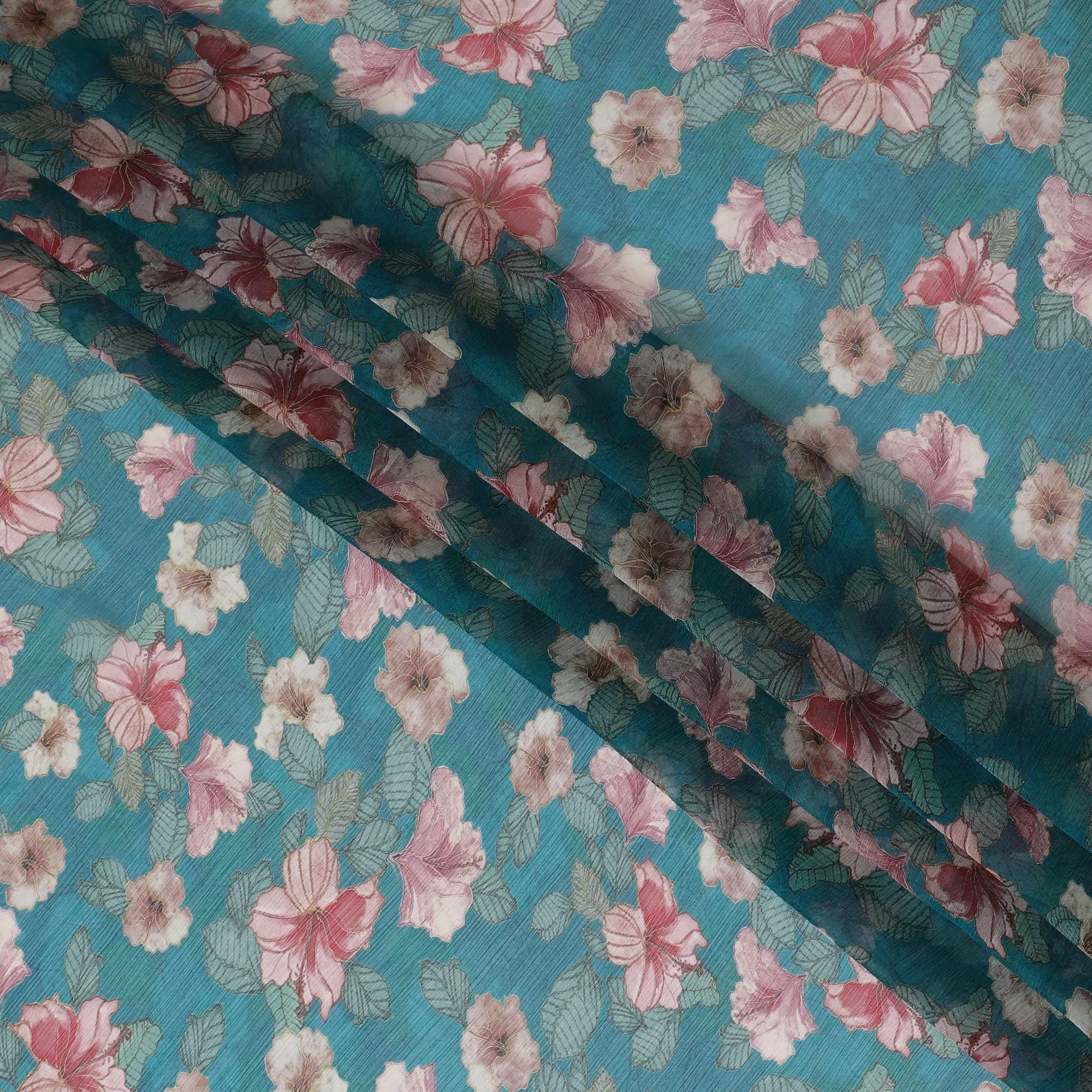 Ocean blue Premium pure wrinkle silk chiffon fabric with multicolor print in floral design-D17005