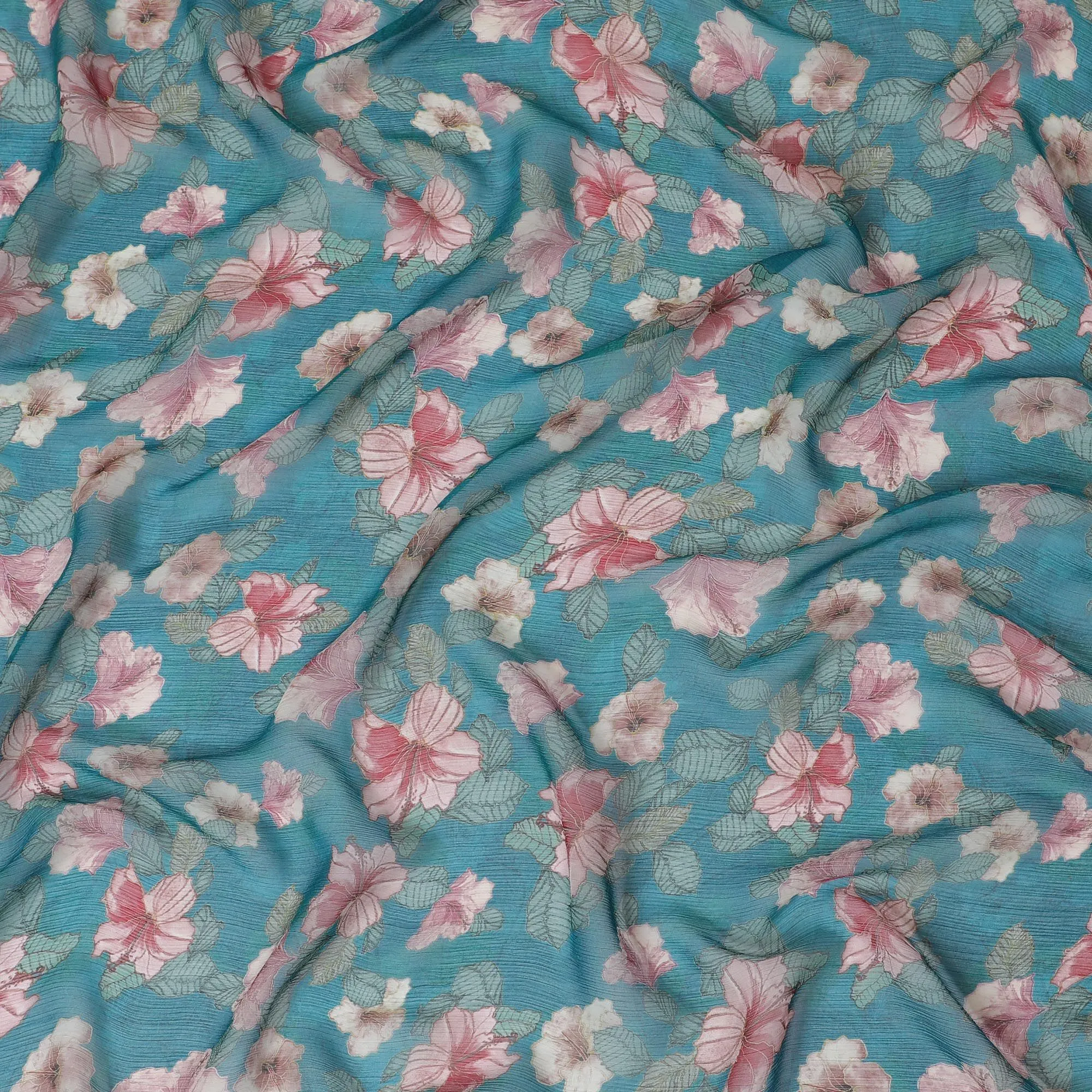 Ocean blue Premium pure wrinkle silk chiffon fabric with multicolor print in floral design-D17005