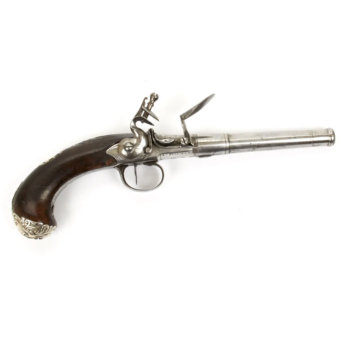 Original British Silver Mounted Queen Anne Flintlock Pistol by James Freeman