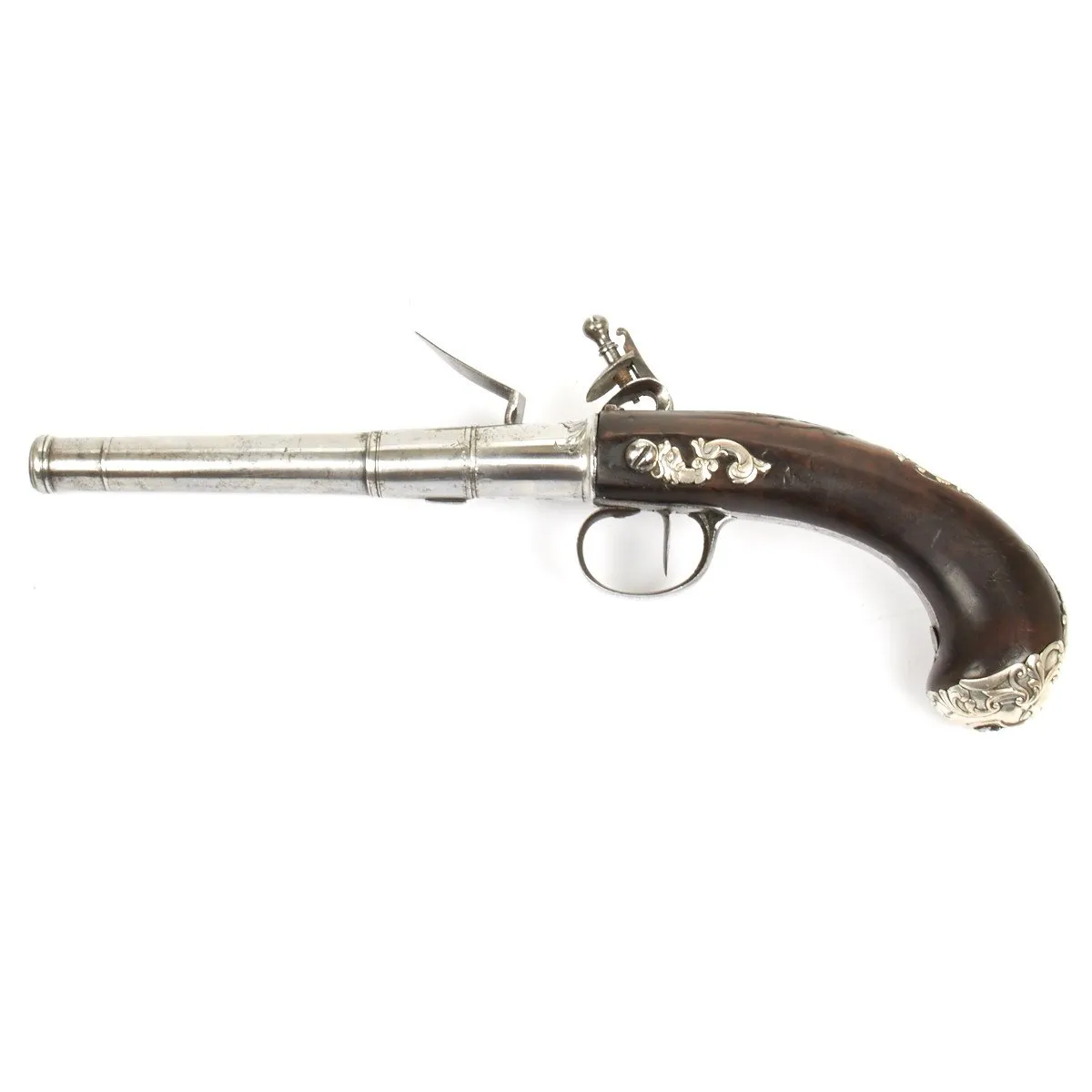 Original British Silver Mounted Queen Anne Flintlock Pistol by James Freeman