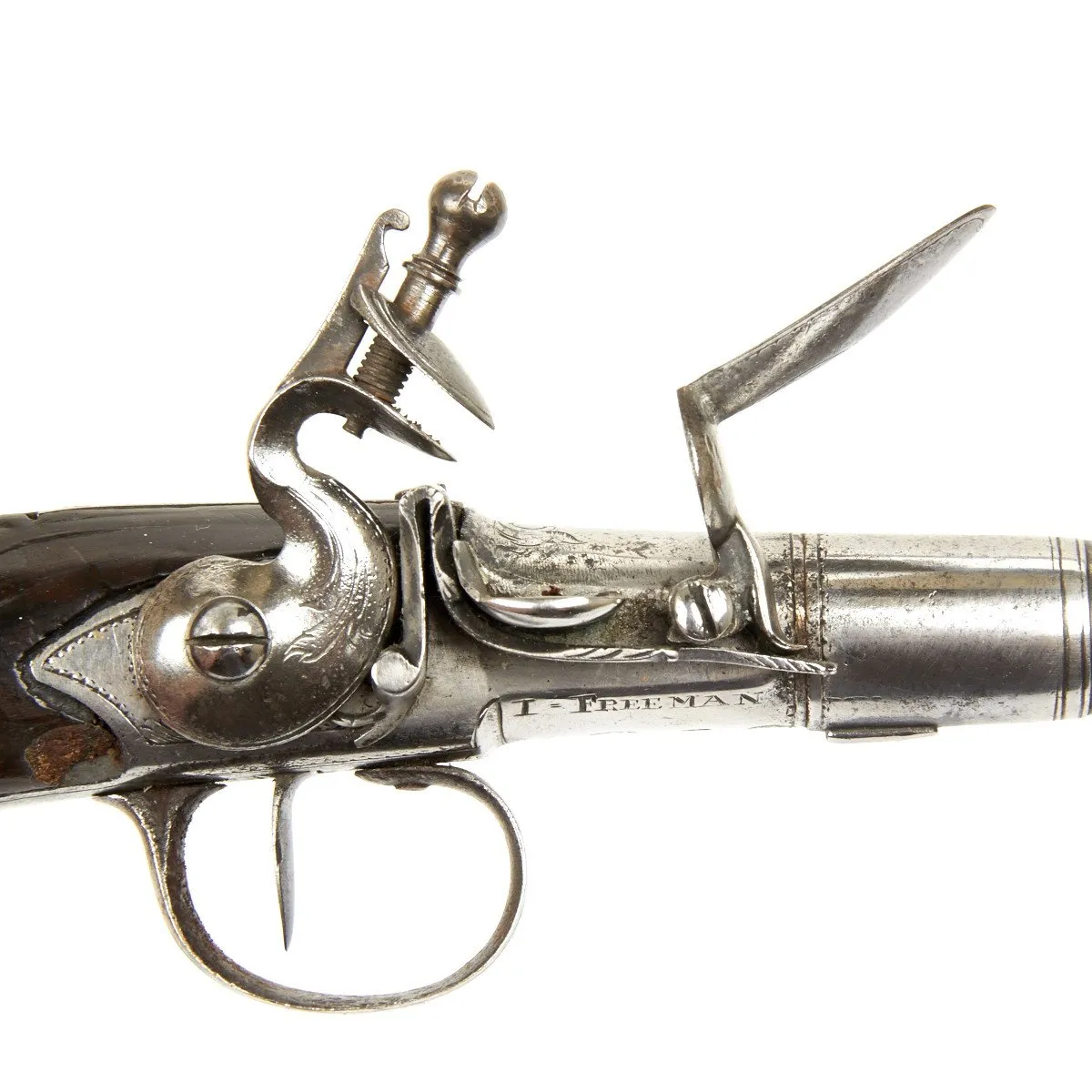 Original British Silver Mounted Queen Anne Flintlock Pistol by James Freeman