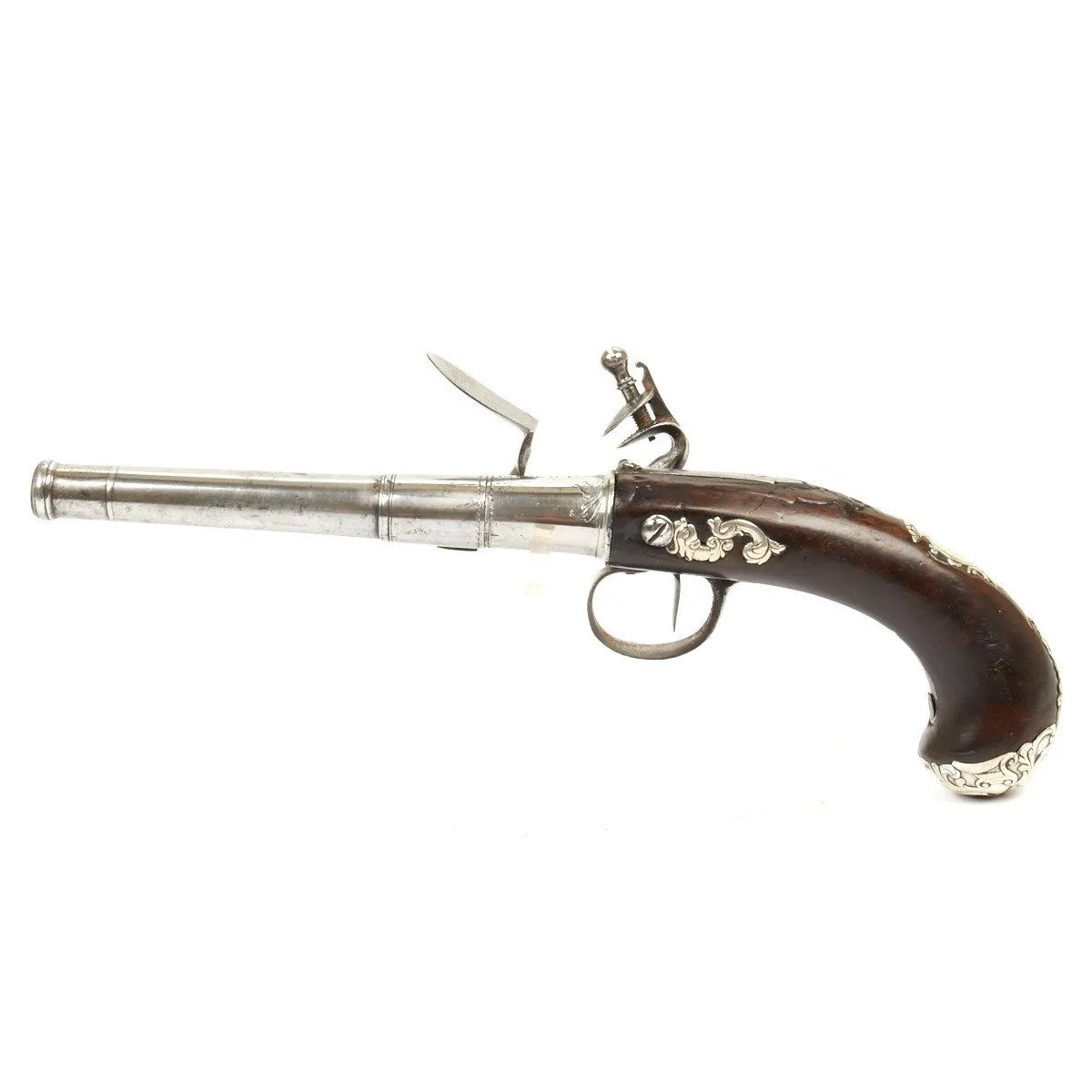 Original British Silver Mounted Queen Anne Flintlock Pistol by James Freeman