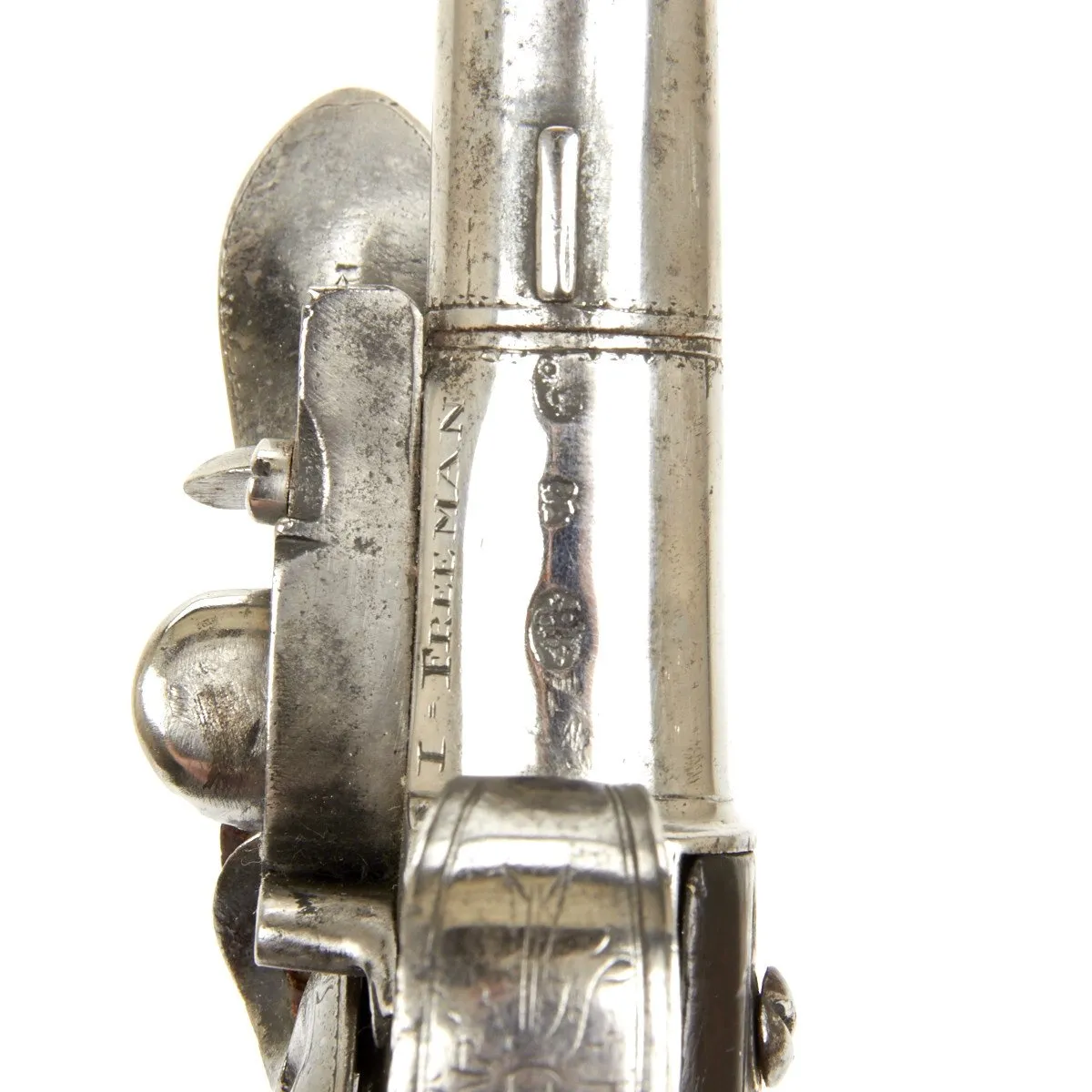 Original British Silver Mounted Queen Anne Flintlock Pistol by James Freeman